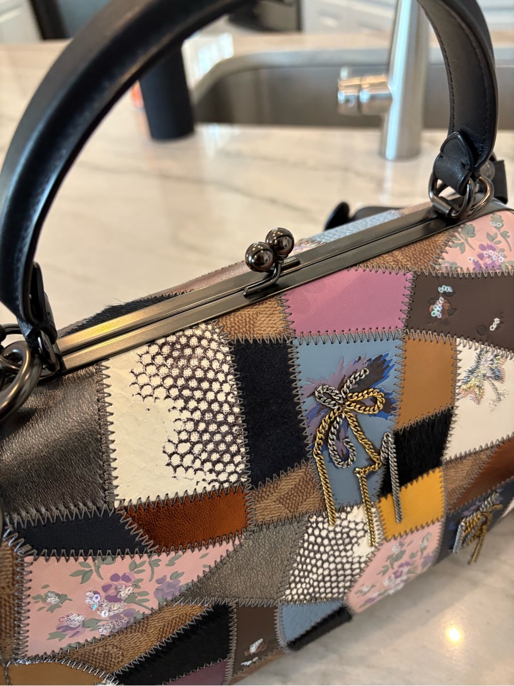 Coach Multicolor Patchwork Satchel - Brown, Black, Blue, Yellow, Pink - Picture 7 of 11